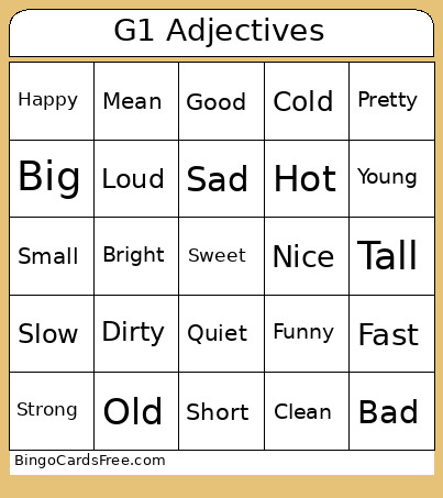 Grade 1 English - Adjectives Bingo Card