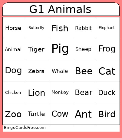 Grade 1 Science - Animals Bingo Card