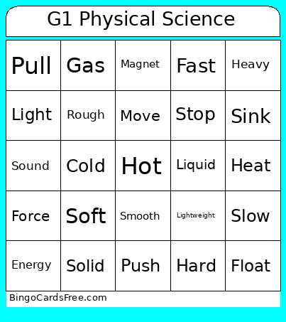 Grade 1 Science - Physical Science Bingo Card